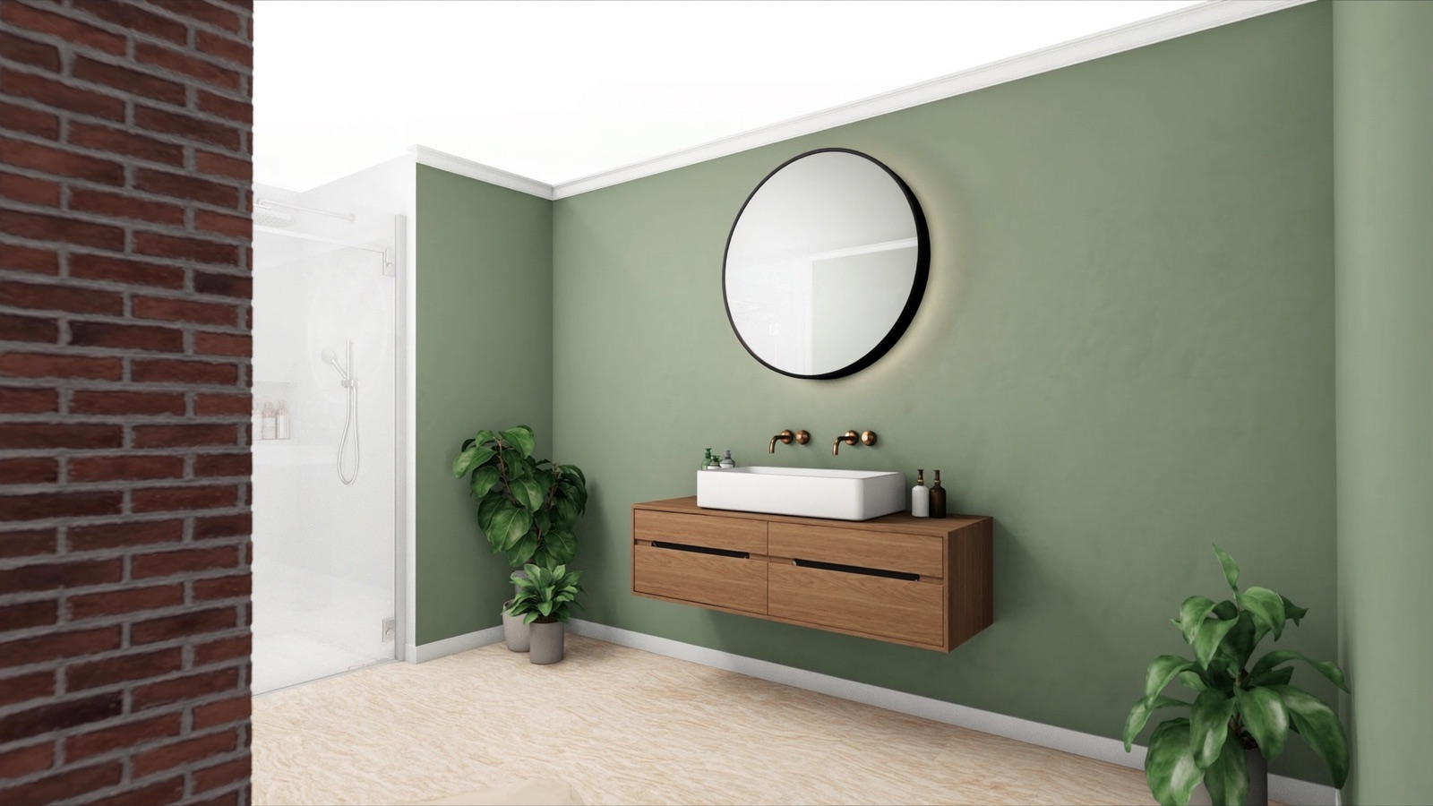 Voorbeeldweergave 3D-ontwerp badkamer in modern botanische stijl